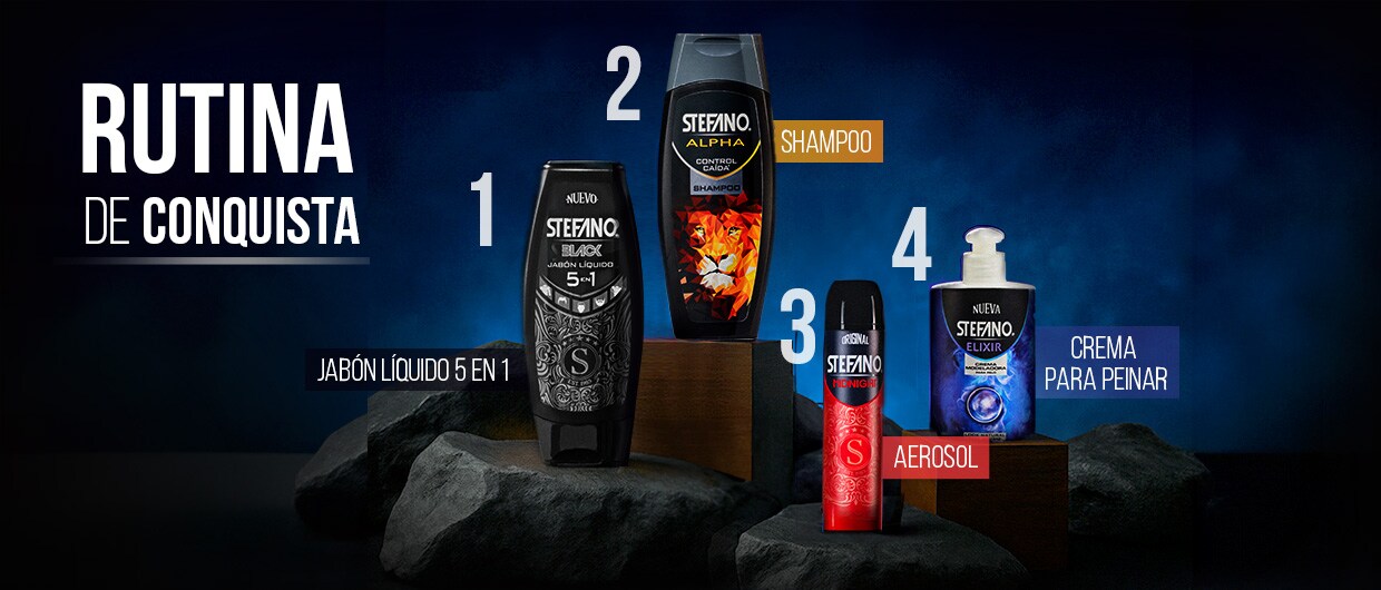 Infografía publicitaria de Stefano titulada 'RUTINA DE CONQUISTA' que enumera del 1 al 4 sus productos para hombre: 1. Jabón líquido 5 en 1, 2. Shampoo, 3. Aerosol y 4. Crema para peinar, mostrados sobre rocas con un fondo oscuro.