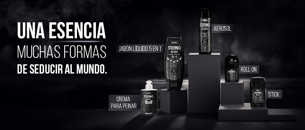 Publicidad de Stefano con el texto 'UNA ESENCIA MUCHAS FORMAS DE SEDUCIR AL MUNDO' junto a sus productos de la línea Black: crema para peinar, jabón líquido 5 en 1, aerosol, roll on y stick.