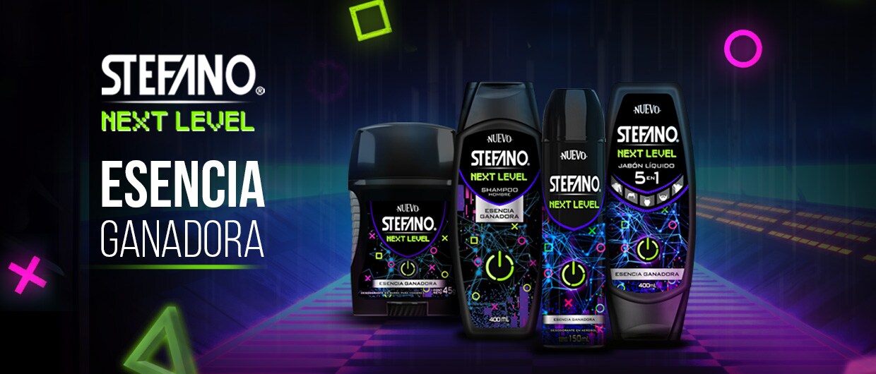 Publicidad de Stefano con el texto 'NEXT LEVEL ESENCIA GANADORA' junto a cuatro productos de la línea: desodorante en barra, shampoo, aerosol y jabón líquido 5 en 1, con un fondo de estética gamer y luces de neón.