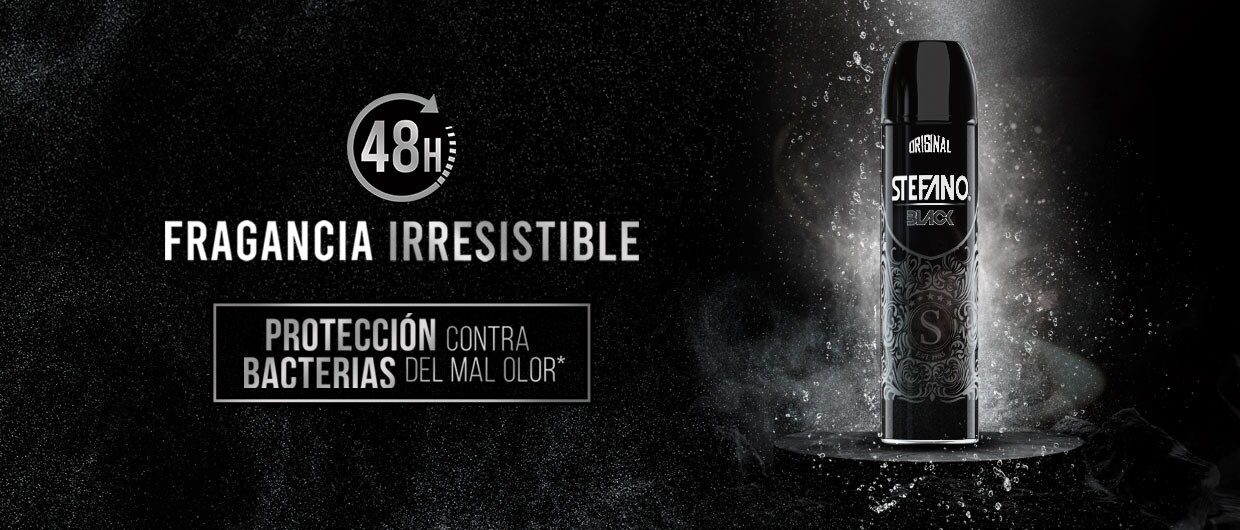 Publicidad de Stefano Black en aerosol con el texto '48H FRAGANCIA IRRESISTIBLE' y 'PROTECCIÓN CONTRA BACTERIAS DEL MAL OLOR', sobre un fondo negro con salpicaduras de agua.